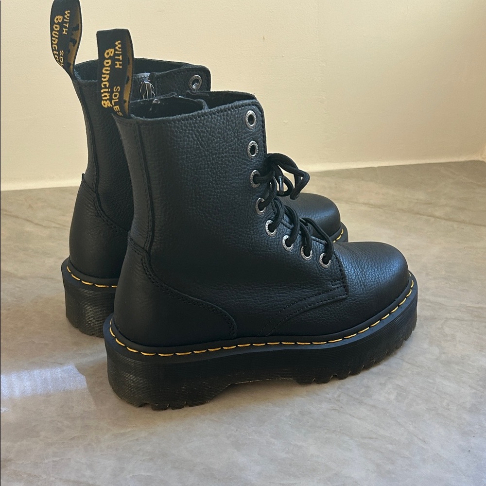 Dr. Martens Black Leather Platform Lace-Up Boots with Yellow Stitching